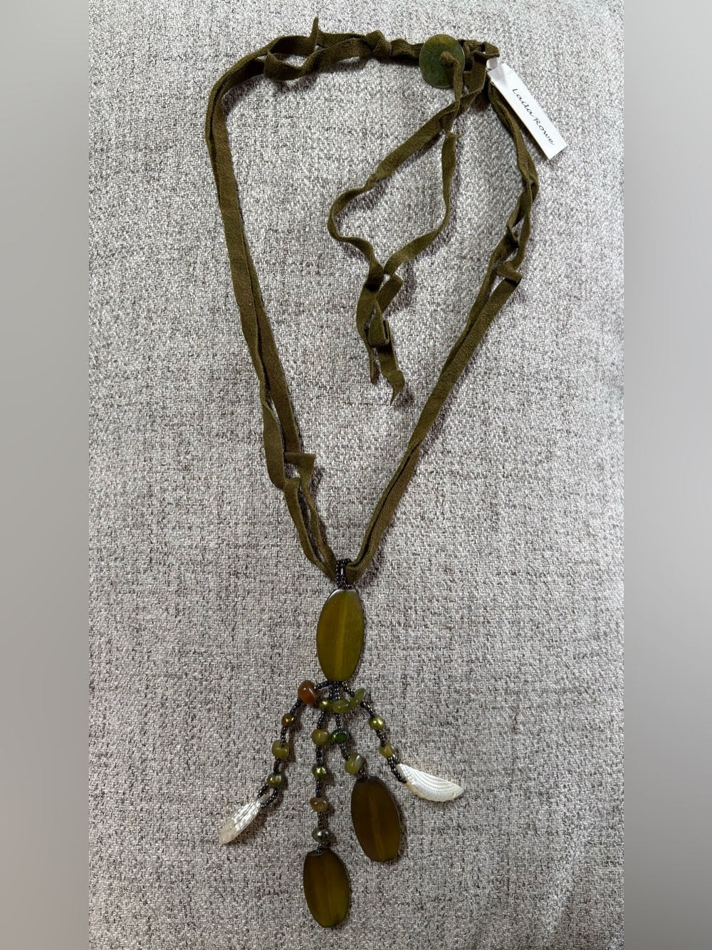 Laila Rowe Olive Green Suede and Beaded Pendant Lariat Necklace